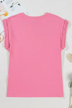 Pink Braided Cap Sleeve Crew Neck Top for Women Woman T Shirts