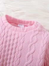 Pink cable-knit skirt set with white lace trim, machine wash