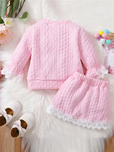 Pink machine wash skirt set with cable knit and white lace trim