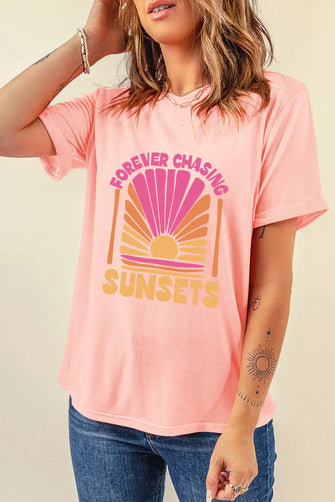 Pink Chasing Sunsets Round Neck T Shirt for Women Watermelon pink