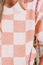 Pink check pattern short puff sleeve sweater with ribbed neckline