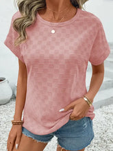 Pink checkered textured round neck short sleeve top for women