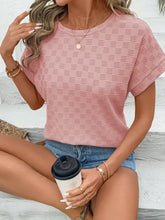 Pink checkered textured round neck short sleeve top for women