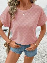 Pink checkered textured round neck short sleeve top for women
