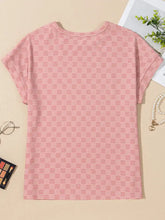 Pink checkered textured round neck short sleeve women’s top