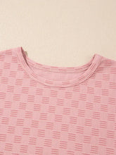 Pink checkered textured round neck short sleeve women’s top