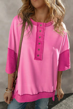 Pink Color Block Button Up Oversized T Shirt for Women Hot Pink