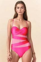 Pink Color Block One Piece Swimsuit with Mesh Inserts Swimwear