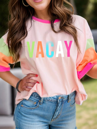 Pink Color Block Vacay T-Shirt for Women Cotton Blend Watermelon pink
