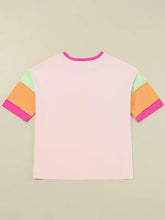 Pink Color Block Vacay T-Shirt for Women Cotton Blend Woman T Shirts
