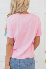 Pink Color-Blocked Cotton Blend Short Sleeve T-Shirt for Women