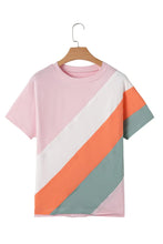 Pink Color-Blocked Cotton Blend Short Sleeve T-Shirt for Women