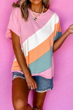 Pink Color-Blocked Cotton Blend Short Sleeve T-Shirt for Women