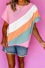 Pink Color-Blocked Cotton Blend Short Sleeve T-Shirt for Women