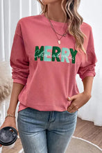 Pink ribbed corduroy merry christmas round neck sweatshirt with long sleeves