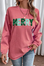 Pink Corduroy Merry Christmas Round Neck Sweatshirt with Long Sleeves