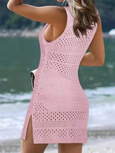 Pink Crochet Knit Beach Cover-Up Dress Semi-Sheer Swimwear Layer