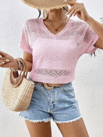 Pink Crochet Lace V Neck Top for Women Pink