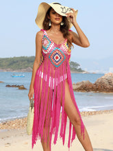 Pink Crocheted Fringe Beach Cover Up for Women Hot Pink One Size