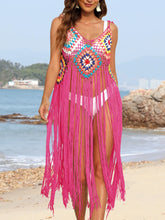 Pink Crocheted Fringe Beach Cover Up for Women