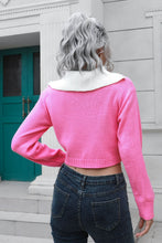 Pink Cropped Sweater with Zipper Detail and White Collar