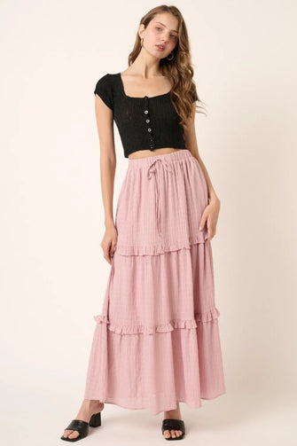 Pink Drawstring High Waist Frill Maxi Skirt Dusty Pink