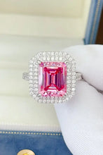 Pink emerald-cut carat moissanite ring with double halo in sterling silver