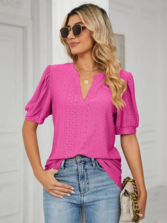 Pink Eyelet Puff Sleeve Blouse for Women Hot Pink