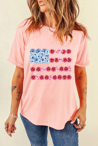 Pink Floral American Flag T-Shirt for Women Watermelon pink