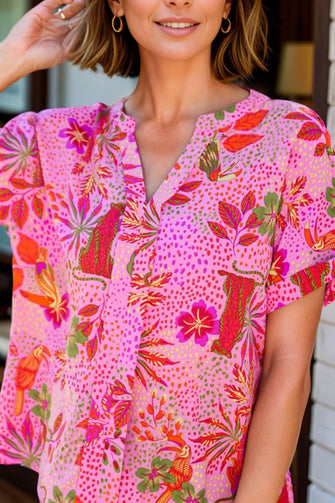 Pink Floral and Animal Print Polyester Blouse for Women Fuchsia Pink