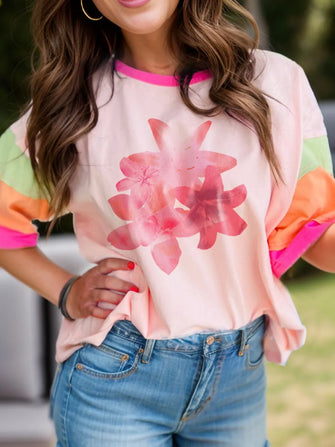 Pink Floral Colorblock Short Sleeve Cotton T Shirt for Women Watermelon pink