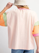Pink Floral Colorblock Short Sleeve Cotton T Shirt for Women