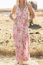 Pink floral halter neck maxi dress with crisscross back