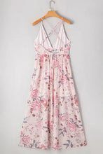 Pink floral halter neck maxi dress with crisscross back