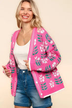 Pink floral jacquard v-neck cardigan with white button details