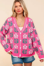 Pink floral jacquard V-neck cardigan with white button details