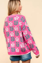 Pink floral jacquard V-neck cardigan with white button details