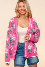 Pink floral jacquard V-neck cardigan with white button details