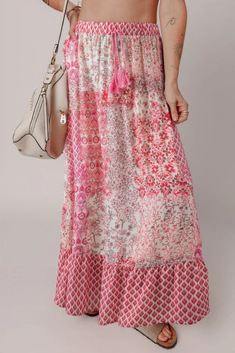 Pink Floral Patchwork Maxi Skirt with Drawstring Waist Dusty Pink