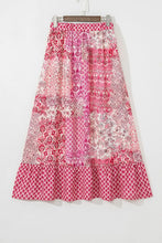 Pink Floral Patchwork Maxi Skirt with Drawstring Waist