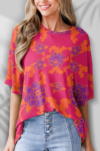 Pink Floral Print Oversized Top for Women Hot Pink