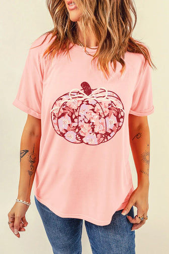 Pink Floral Pumpkin T-Shirt for Women Blush Pink