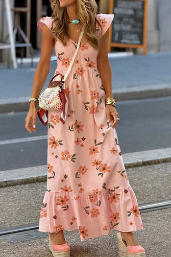 Pink Floral Smocked Maxi Dress Polyester Machine Washable Watermelon pink