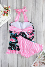 Pink Floral Striped Halter Tankini Swim Set with Frill Trim