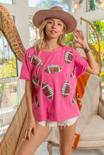 Pink Game Day T Shirt with Sequins Patched Design and Half Sleeves HOT PINK