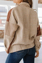 Brown and beige houndstooth quilted jacket with pink gingham patchwork