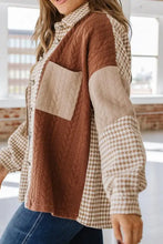 Brown and beige plaid patchwork jacket with quilted pockets and button closure