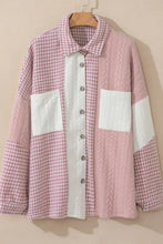 Pink gingham patchwork jacket with white accents, button closure, and cable knit pockets