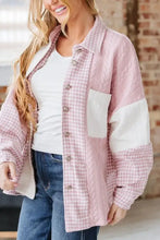Pink gingham patchwork jacket with white accents and button closure