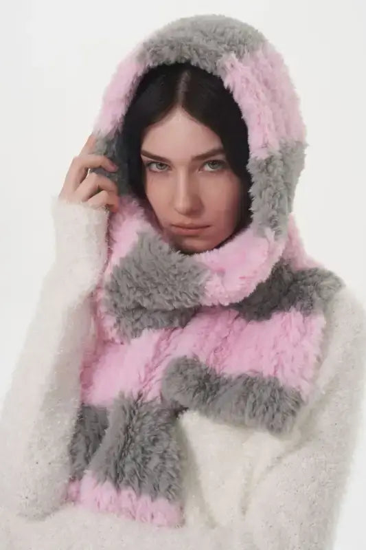 Pink and gray striped fluffy hooded thermal scarf